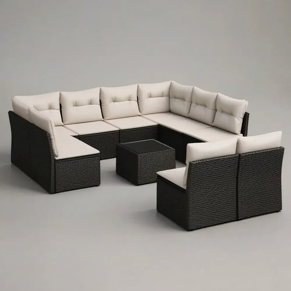 Sofa ogrodowa, Rożna sofa ogrodowa 300 x 240 x 70 cm w czarnym rattanie syntetycznym ze stołem i beżowymi poduszkami wyściełanymi