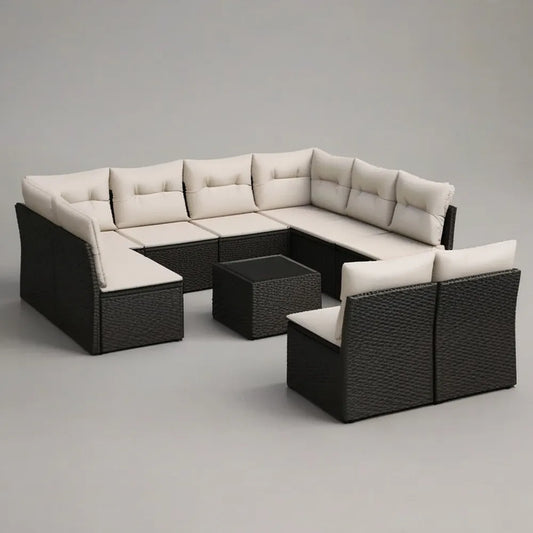 Sofa ogrodowa, Rożna sofa ogrodowa 300 x 240 x 70 cm w czarnym rattanie syntetycznym ze stołem i beżowymi poduszkami wyściełanymi