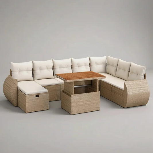 Sofa ogrodowa, Rożna sofa ogrodowa 300 x 250 cm w syntetycznym beżowym rattanie z centralnym stołem i poduszek kremowych