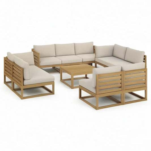 Sofa ogrodowa, 8- kawałek ogród salon zestaw z litego drewna acacia z tapicerki poliestrowej z beige- kolorowe 3- siedzenia 2-osobowa krzesło stolik