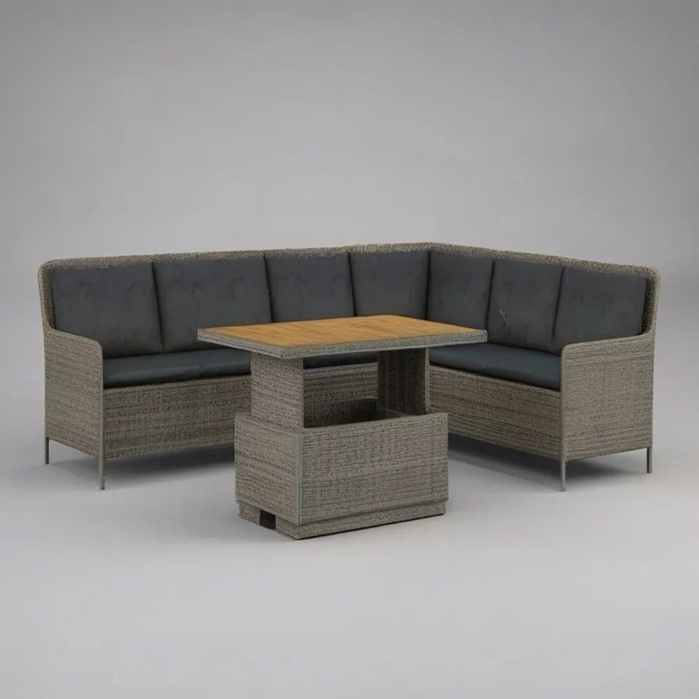 Sofa ogrodowa, Zestaw 260x200x75 cm kątowej sofy ogrodowej w szarym rattanie syntetycznym ze stołem i wyściełanymi poduszkami