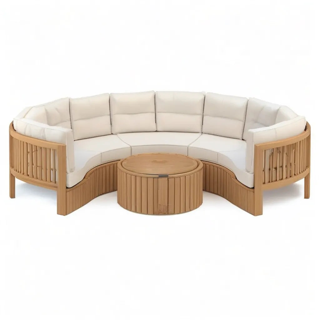 Sofa ogrodowa, Zestaw półkolistych siedzeń ogrodowych 5 miejsc w teku z poduszek poliestrowych z kości słoniowej 300 x 150 x 75 cm