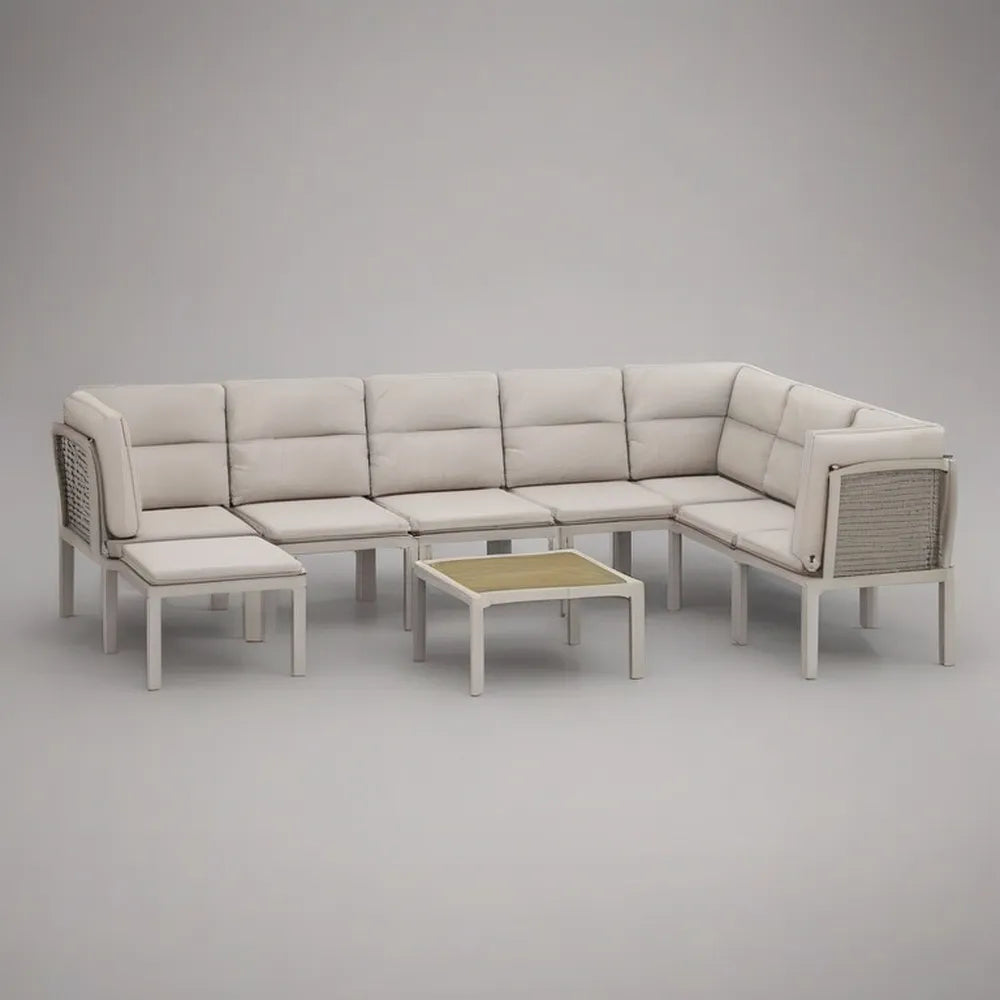 Sofa ogrodowa, Modułowa sofa ogrodowa 350 x 90 x 75 cm w białym aluminium z beżowymi poduszkami i dopasowanym stołem