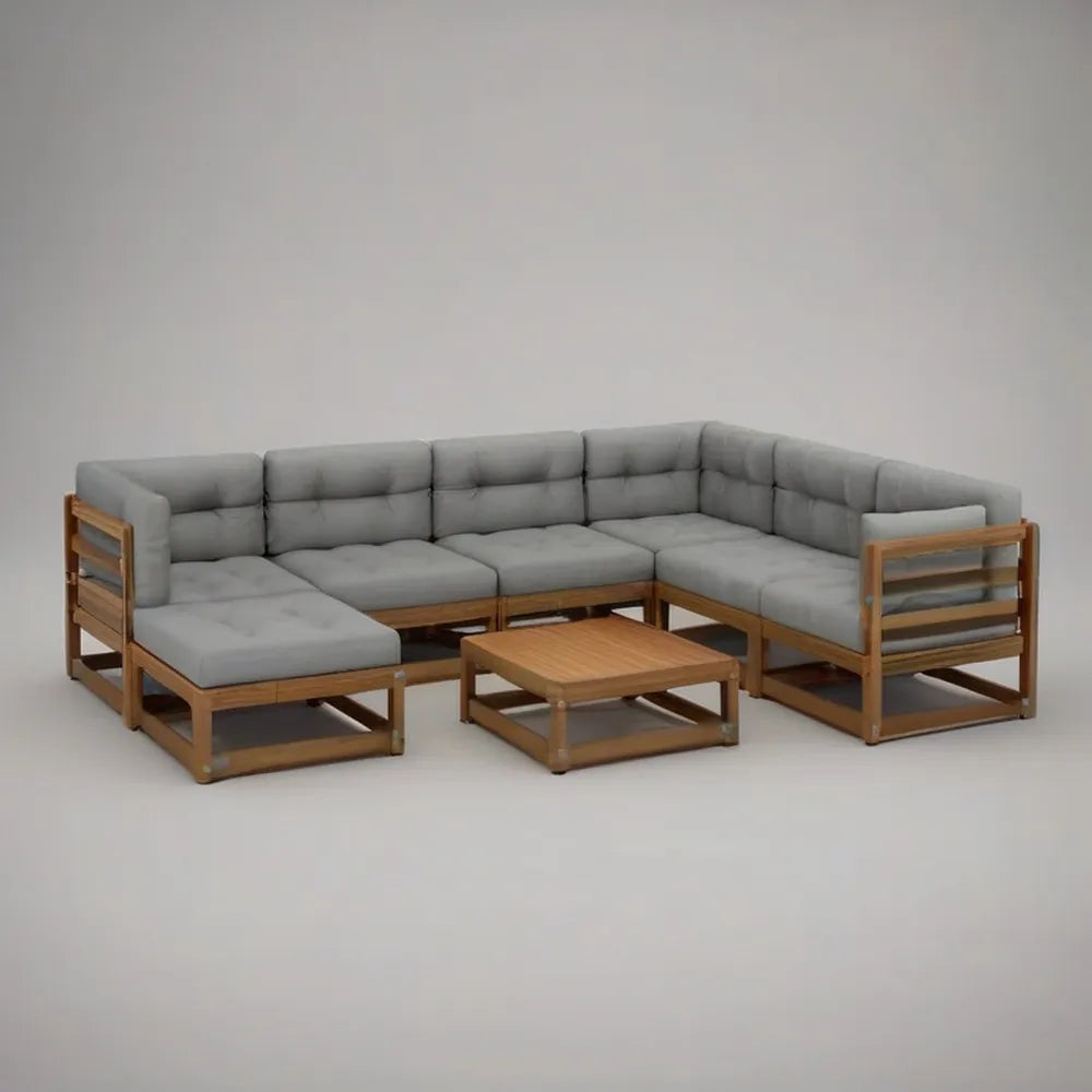 Sofa ogrodowa, Zestaw narożnej sofy ogrodowej 320 x 240 cm w akacji drewna z jasnoszarymi poduszkami i małym stołem