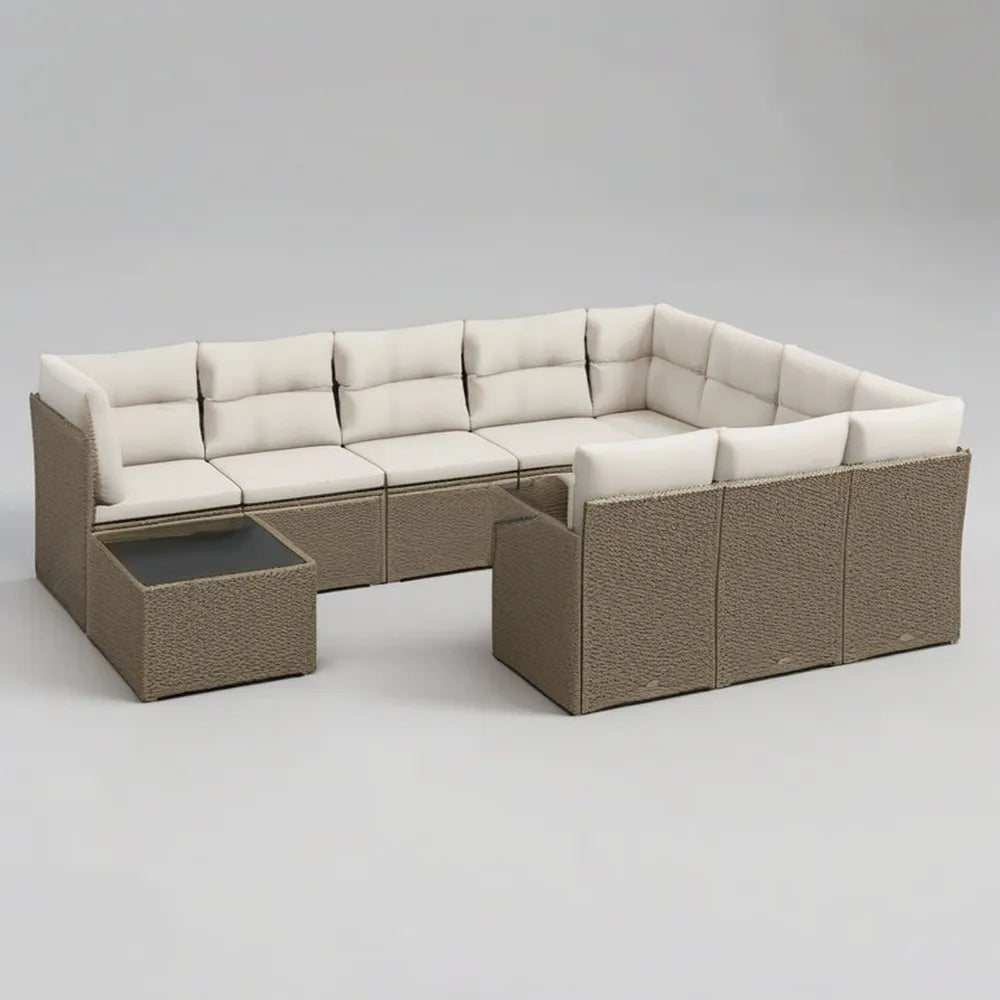 Sofa ogrodowa, Zestaw modułowy narożna kanapa ogrodowa w brązowym syntetyczny rattan ze stołem i beżowymi poduszkami 400 x 300 x 75 cm