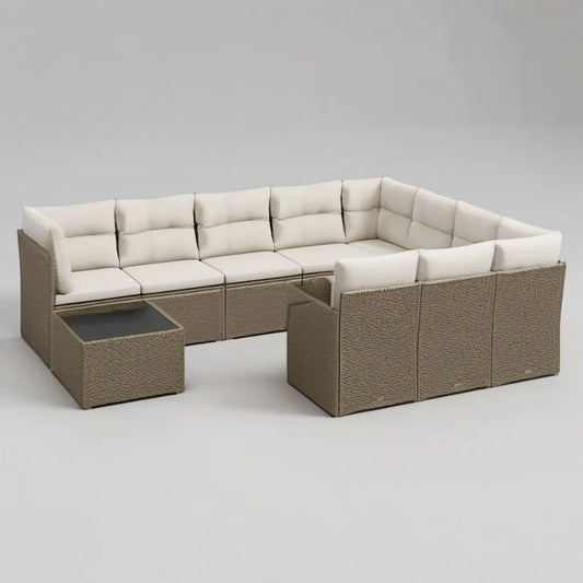 Sofa ogrodowa, Zestaw modułowy narożna kanapa ogrodowa w brązowym syntetyczny rattan ze stołem i beżowymi poduszkami 400 x 300 x 75 cm