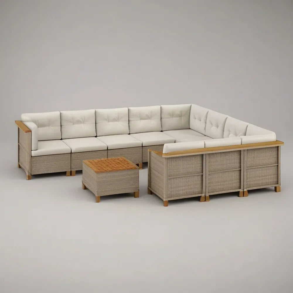 Sofa ogrodowa, Zestaw modułowy narożna sofa ogrodowa 300x250 cm w syntetycznym beżowym rattanie z beżowymi poduszkami i drewnianym stołem