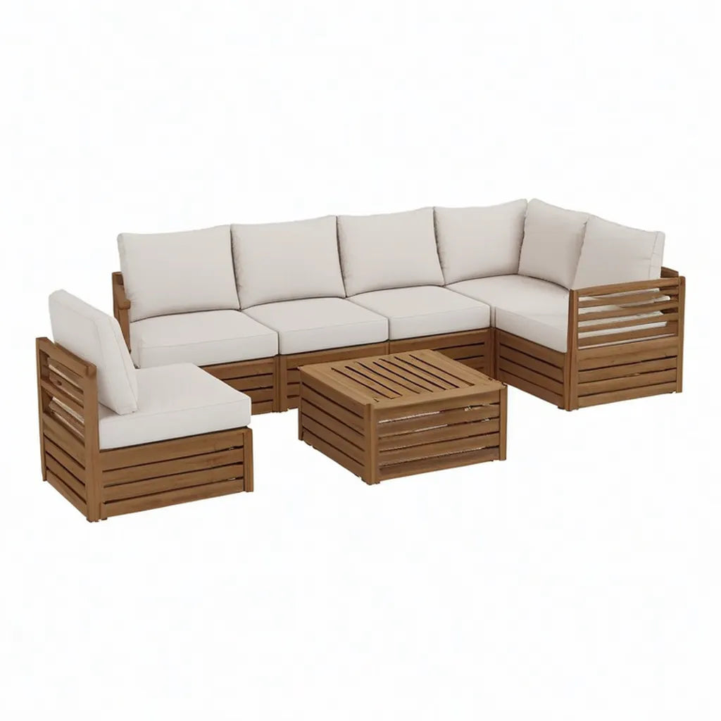 Sofa ogrodowa, Zestaw narożnik ogrodowy sofa 6 sztuk w litym brązowym acacia drewna z beżowymi poduszkami 240 x 160 cm