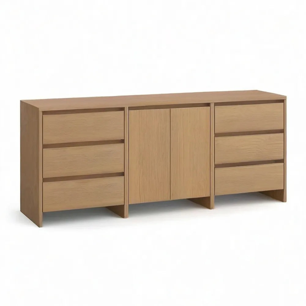 Kredens, Jasnodębowy beżowy bufet z 6 szufladami i 2 drzwiami w MDF 180 x 40 x 75 cm