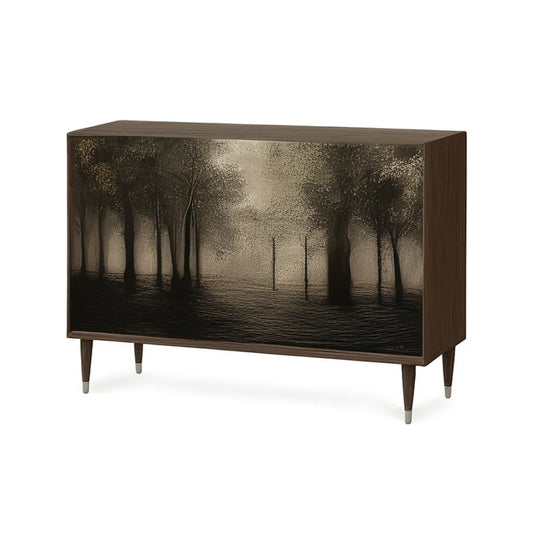 Kredens, Brązowy bufet z 2 drzwiami i fasadą leśną w panelach melaminowych i stalowych nogach 160x40x85 cm