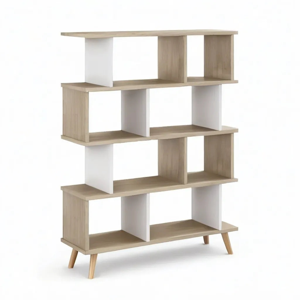 Regał, Otwarta biblioteka 12 nisze płyt wiórowych wykończenie lekki dąb i biały 120 x 30 x 180 cm