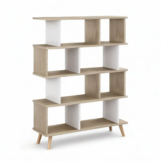 Regał, Otwarta biblioteka 12 nisze płyt wiórowych wykończenie lekki dąb i biały 120 x 30 x 180 cm