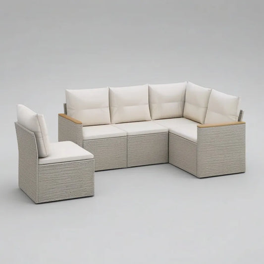 Sofa ogrodowa, Zestaw modułowy narożnik kanapa ogrodowa 7 miejsc w syntetycznym beżowym rattanie z lekkimi beżowymi poduszkami i fotel