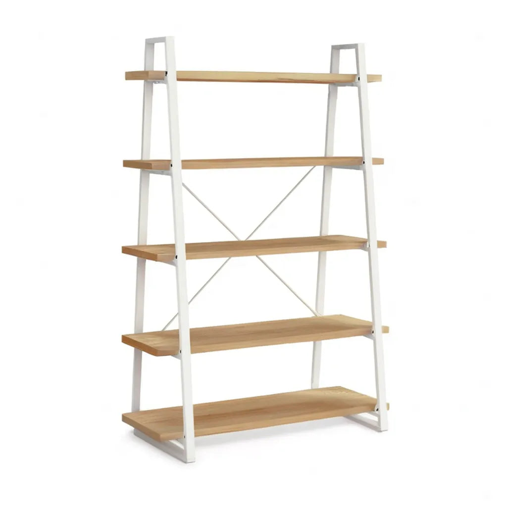 Regał, Skala zakładek 5 półek 80 x 35 x 180 cm biała stal i naturalny bambus