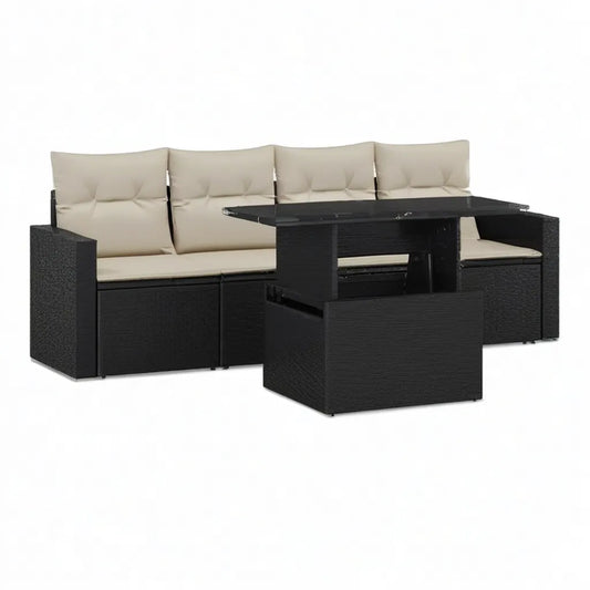 Sofa ogrodowa, Zestaw 4 kanapy ogrodowe z regulowanym stołem 280 x 70 cm w czarnym rattanie z beżowymi poduszkami