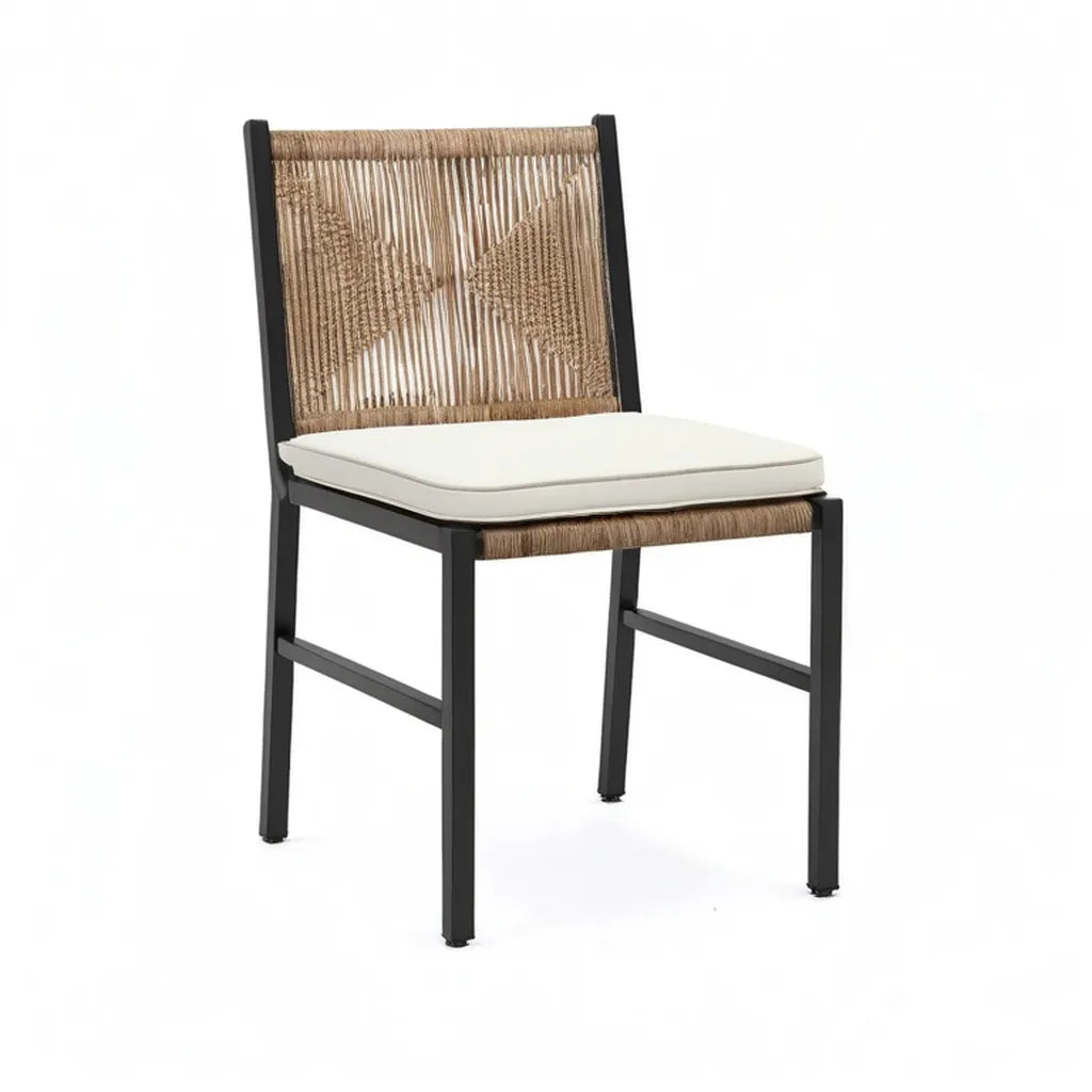 Krzesło ogrodowe, Fotel ogrodowy z poduszką siedzenia 58 x 60 x 85 cm stali i rattan PE prostokątny czarny charakter beżowy