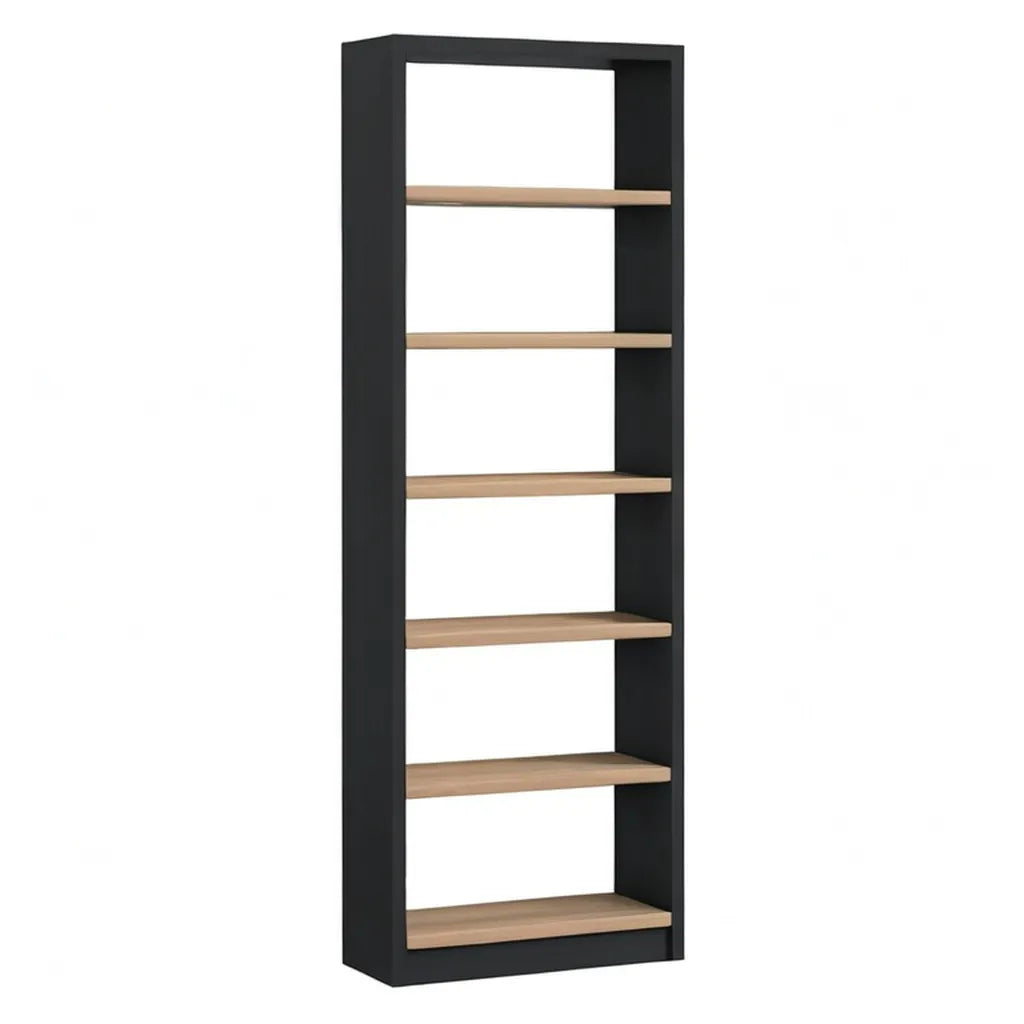 Regał, Biblioteka 6 poziomów czarnego prostokątnego i dębowego prostokątnego płyty wiórowej 80 x 30 x 200 cm