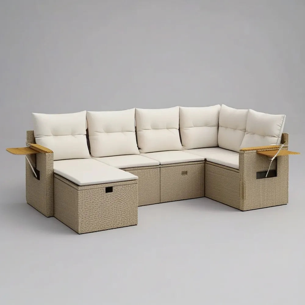 Sofa ogrodowa, Modułowa, modułowa, narożna kanapa ogrodowa 350x250 cm, beżowy syntetyczny rattan z poduszeczkami kremowymi i drewnianymi stołami bocznymi
