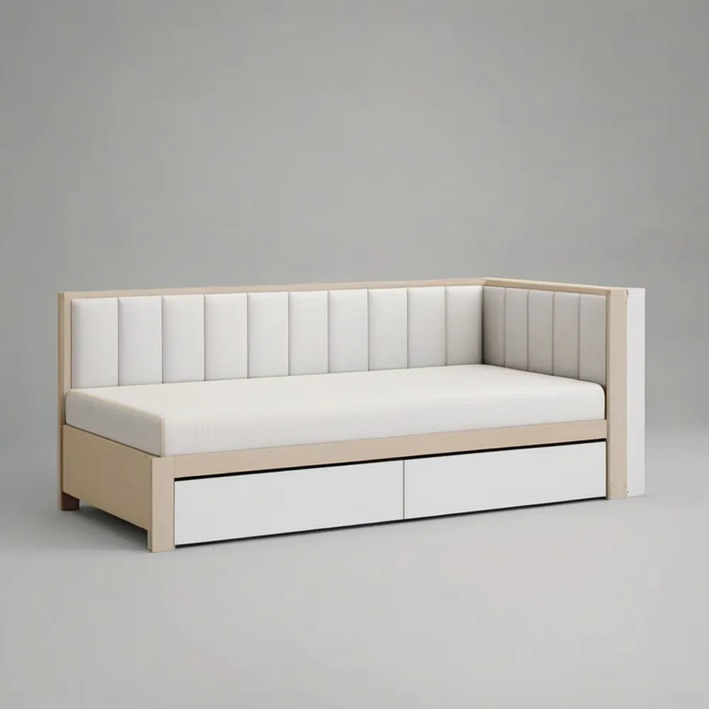 Łóżko pojedyncze MDF pojemnik efekt lekki dąb i biały 90 x 200 cm z tapicerowaną deską i szufladami
