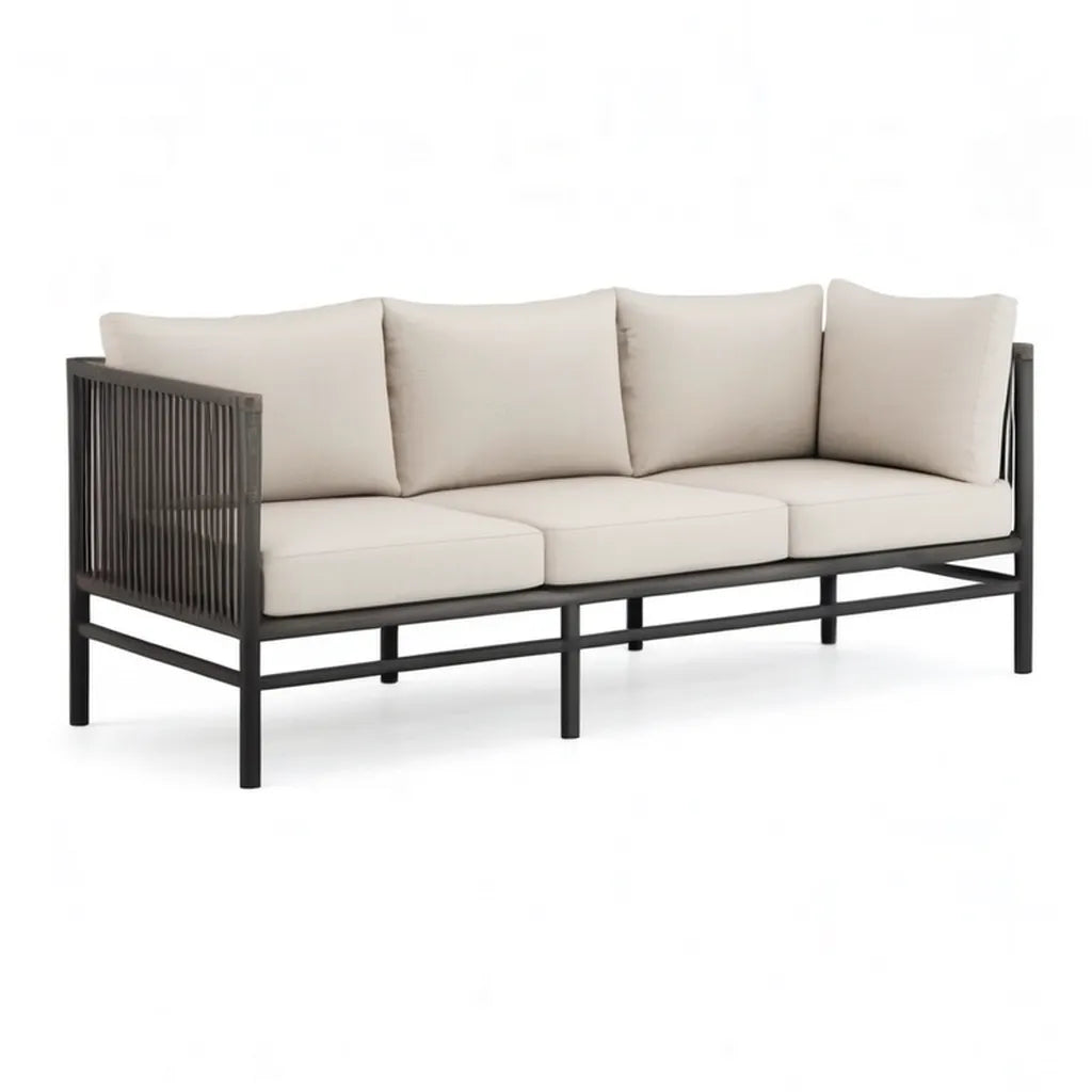 Sofa ogrodowa, 3 prostokątna kanapa siedząca 210 x 75 cm, stalowa, czarna i beżowa, polipropylenowa lina, 210 x 75 x 75 cm