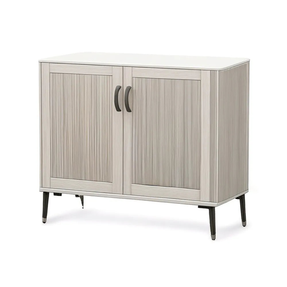 Kredens, Biała bocznica z 2 żłobkami w panelach MDF i czarne nogi stalowe 140x40x80 cm