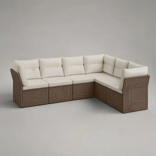 Sofa ogrodowa, Zestaw modułowy narożnik sofa ogrodowa 6 fotele 290 x 220 cm w brązowym syntetyczny rattan z beżowych poduszki