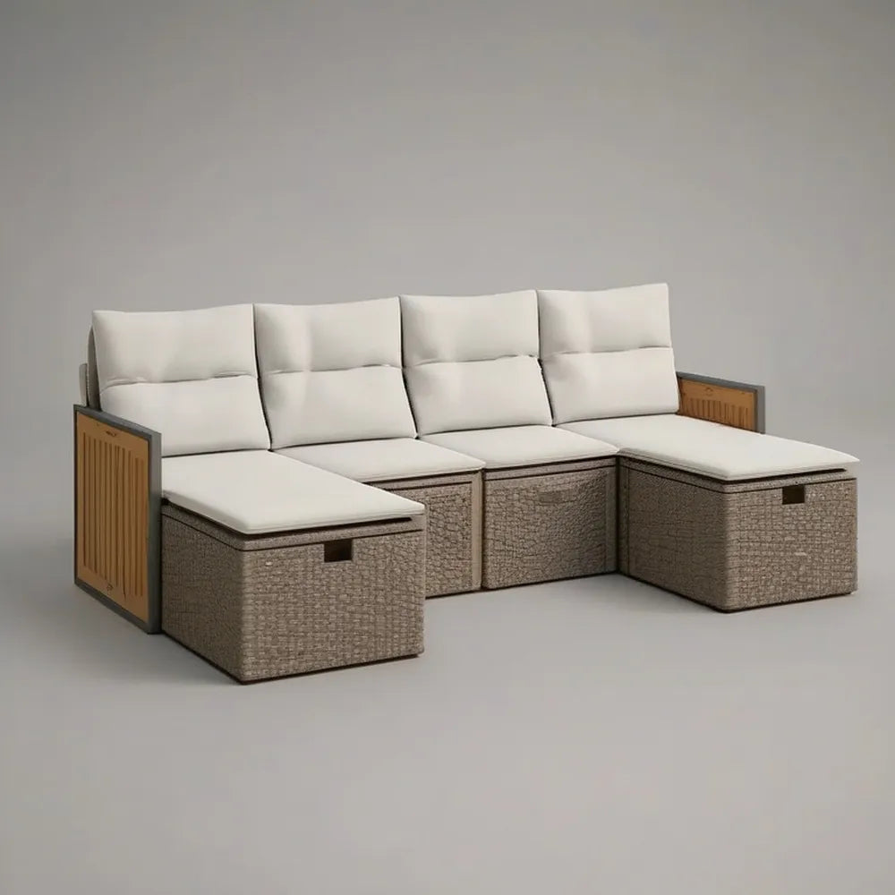 Sofa ogrodowa, Zestaw modułowy narożnik sofa ogrodowa 300x250 cm w syntetycznym beżowym rattanie z poduszek i pojemników kremowych