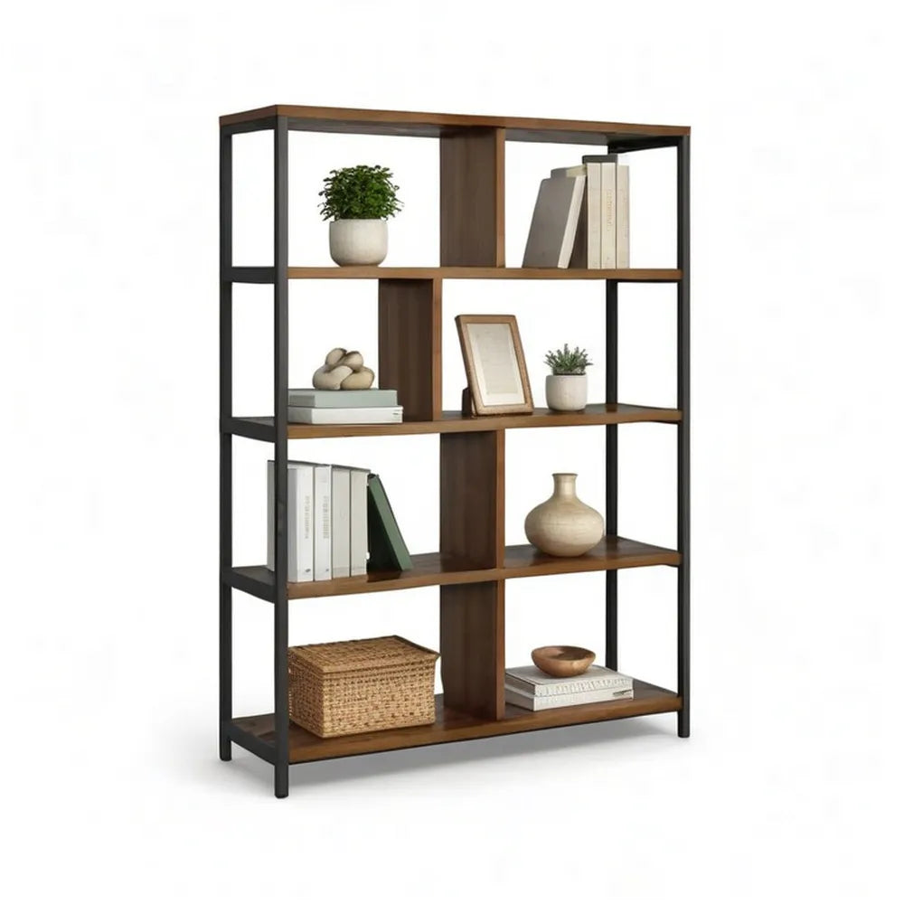 Regał, 120 x 35 x 180 cm czarna i brązowa biblioteka z otwartymi półkami MDF i stalową ramą