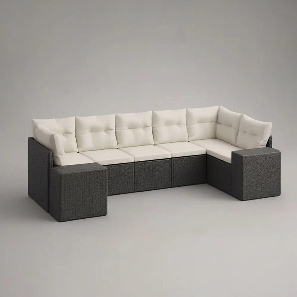 Sofa ogrodowa, Modułowa sofa ogrodowa 300 x 90 x 75 cm w syntetycznej szarej rattanie z beżowymi poduszkami